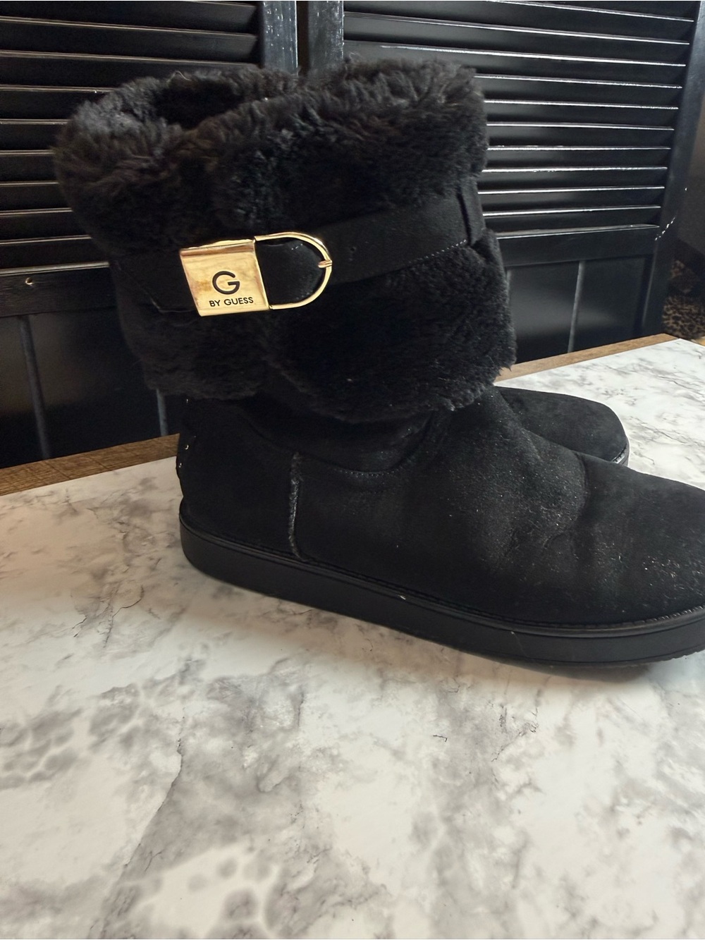 G by Guess Black Faux Fur Mid-Calf Boots with Gold Buckle